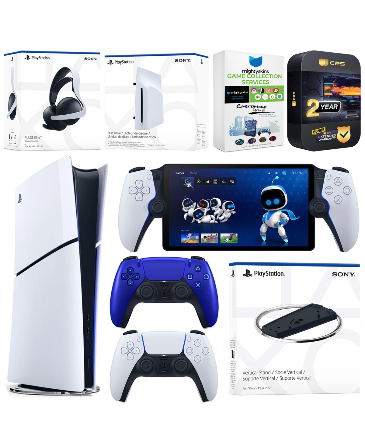 Sony PlayStation 5 Slim Digital Bundle with Disc Drive, Stand, Extra Controller, Pulse Elite Headset, PlayStation Portal, MightySkins Voucher and 2 Ye