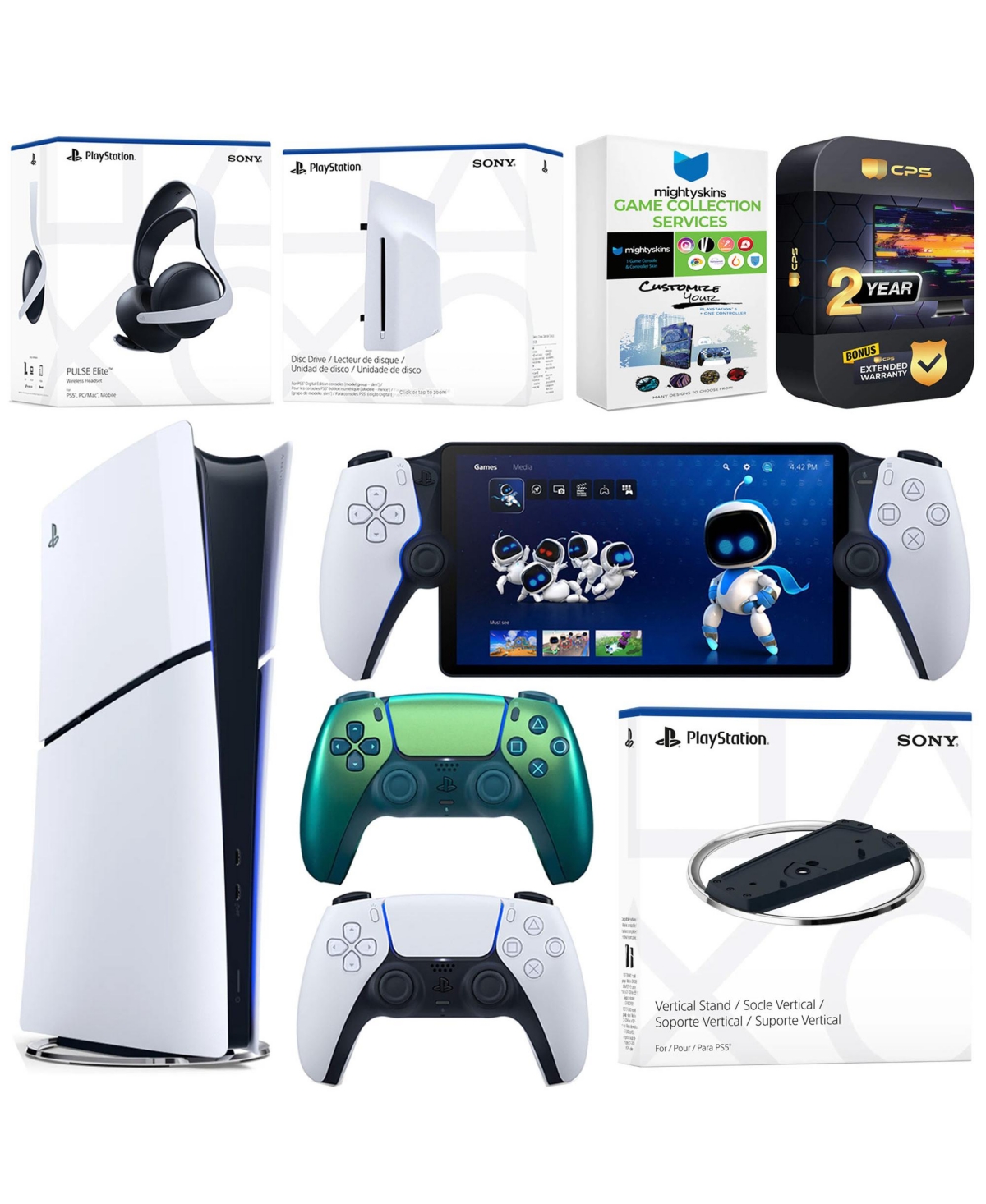 Sony PlayStation 5 Slim Digital Bundle with Disc Drive, Stand, Extra Controller, Pulse Elite Headset, PlayStation Portal, MightySkins Voucher and 2 Ye