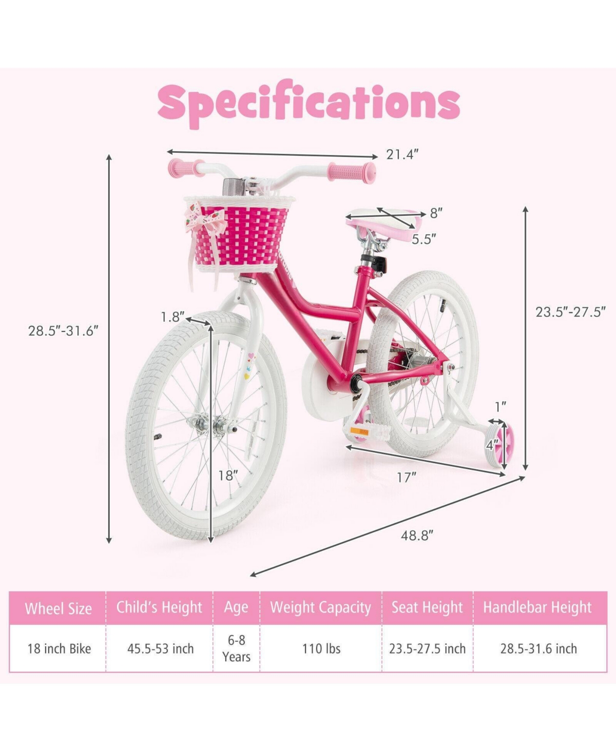 18-Inch Kids Bike with Training Wheels for Ages 6-8 – Pink