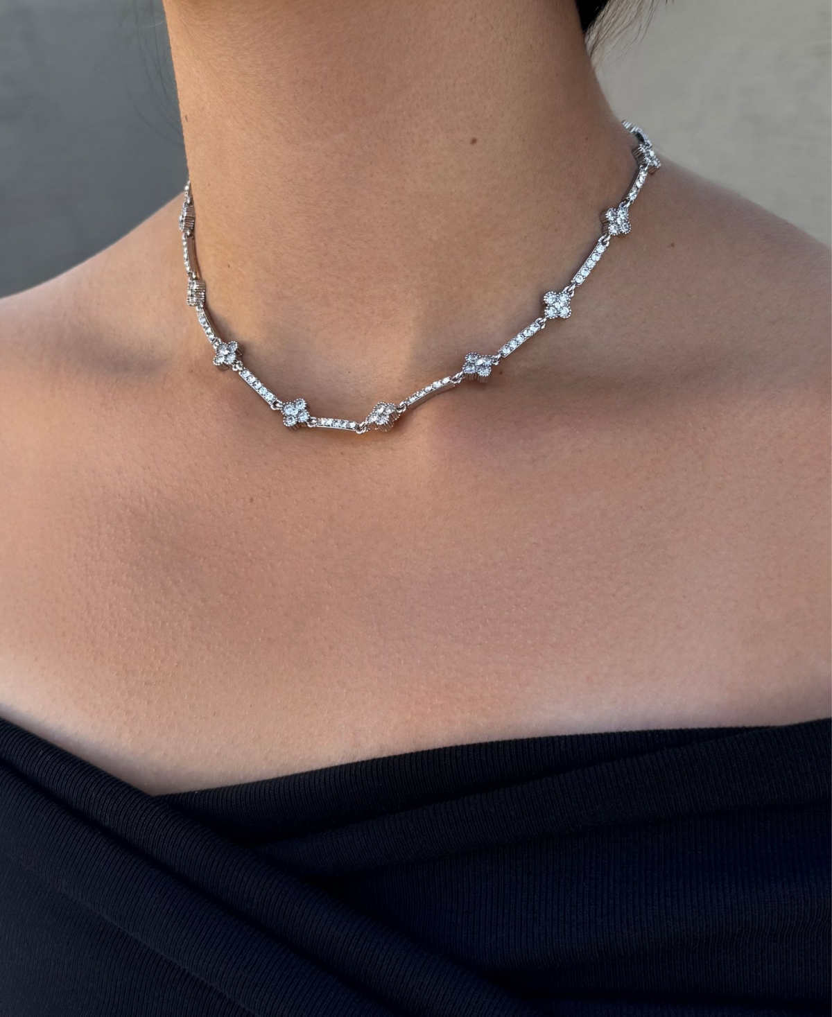 Adornia Silver Crystal Clover Tennis Necklace