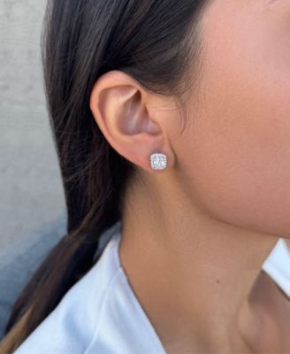 Silver Plated Cubic Zirconia Cushion Halo Stud Earrings