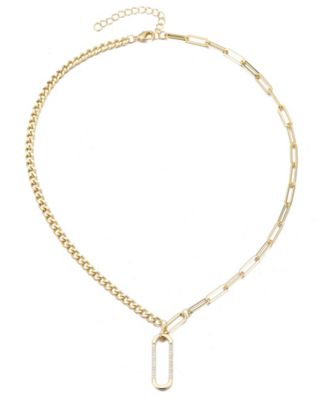 Gold Cubic Zirconia Mixed Chain Oval Pendant Necklace