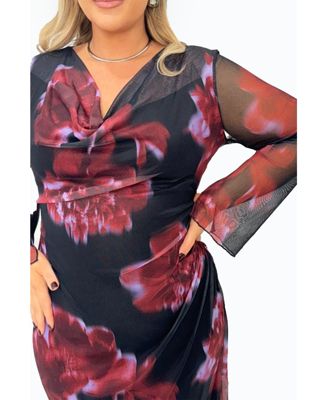 Women's Cowl Neck Mesh Flare Sleeve Maxi Dress