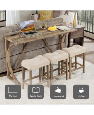 4 Piece Bar Table Set with Power Outlet and 3 Padded Stools for Dining or Living Room