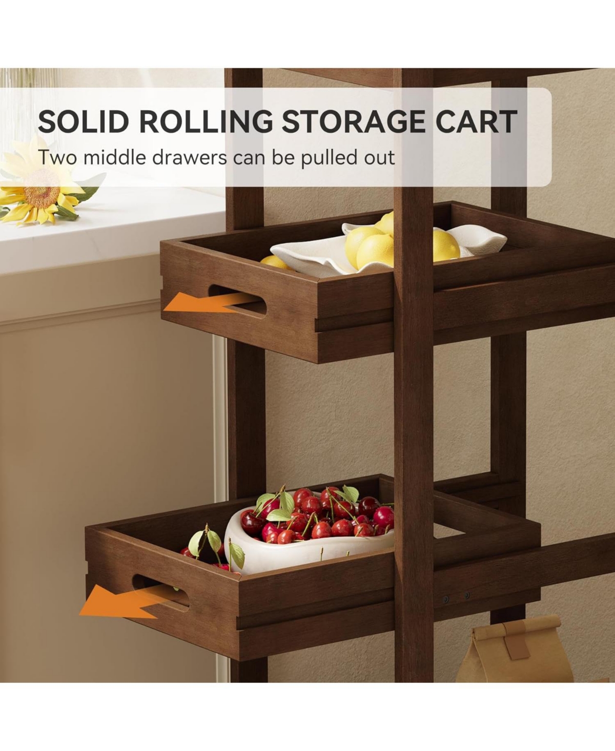 Tribesigns 4-Tier Slim Kitchen Rolling Cart with Wheels, Solid Wood Storage Cart