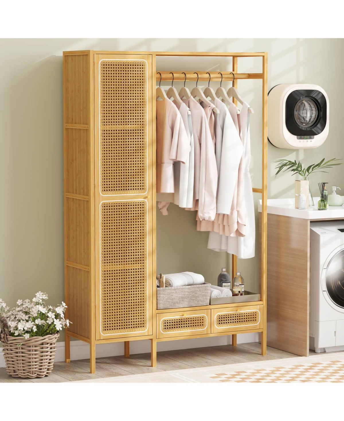 Costway Bamboo Clothing Rack with Cabinet Hanging Rod Storage Shelf & Drawers for Foyer