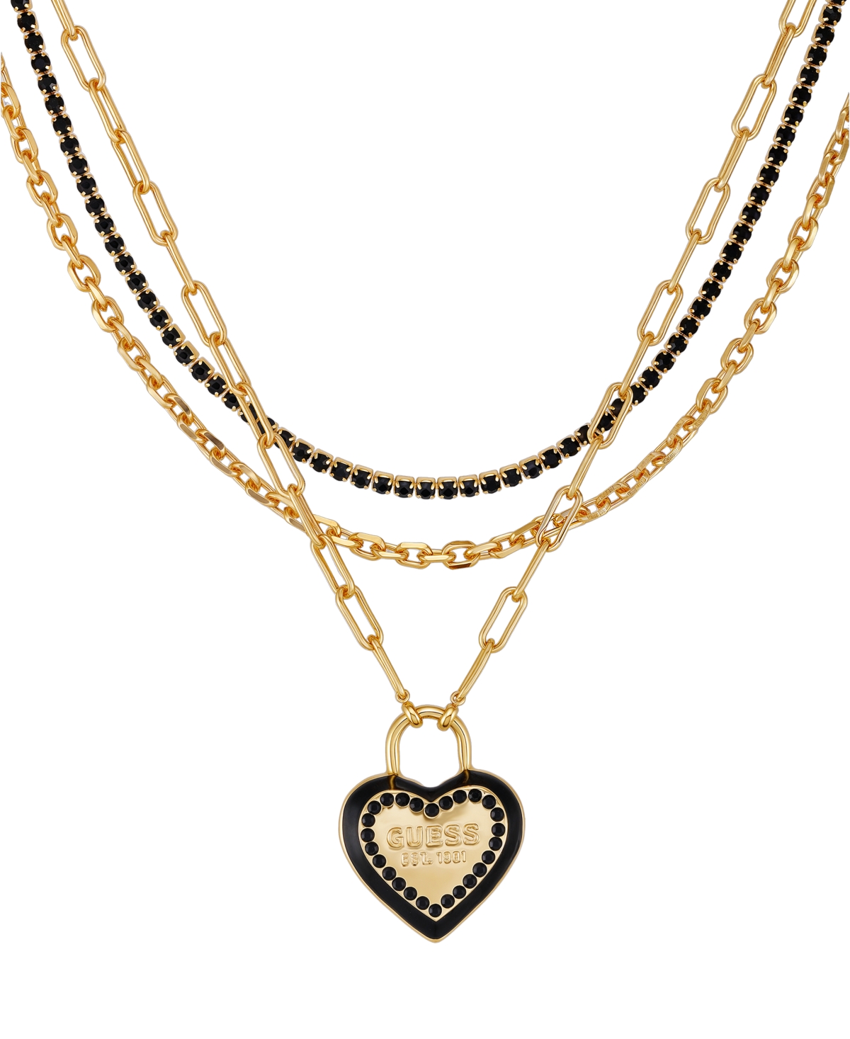 Guess Glass Stone Gold-tone Triple Layered Crystal Heart Charm Necklace