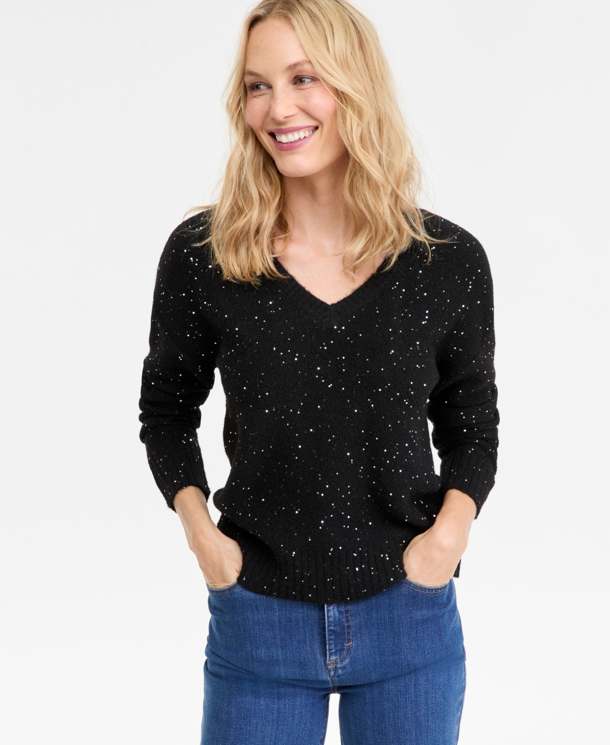 I.n.c. International Concepts Women's Roving Sequin V-Neck Sweater, Macy's Exclusive