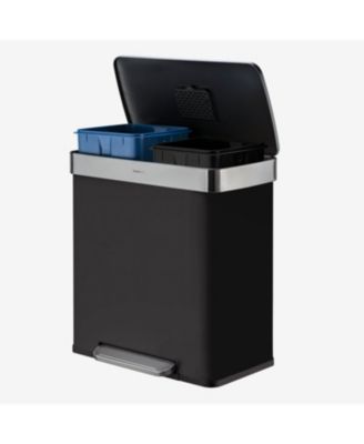 60L / 16 Gal (30L/8 Gal Split) Rectangular Recycle Step Can - Stainless Steel with Black Plastic Lid 