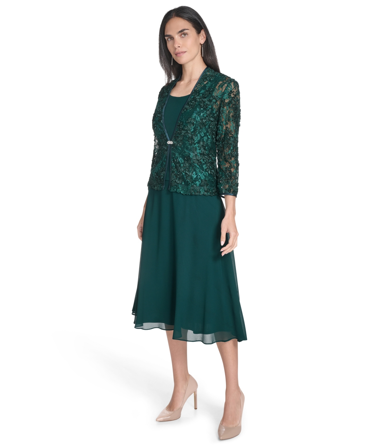 Jessica Howard Petite Lace Jacket & Chiffon Midi Dress Set In Green