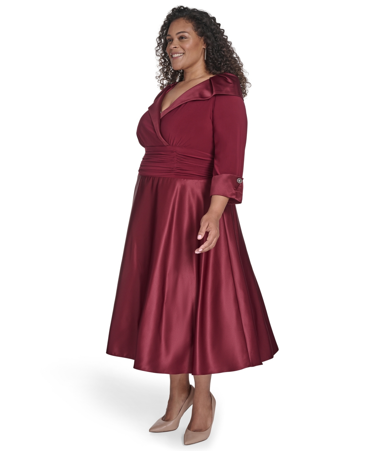 Jessica Howard Plus Size Rhinestone Cuff Sleeve Midi Dress In Burgundy