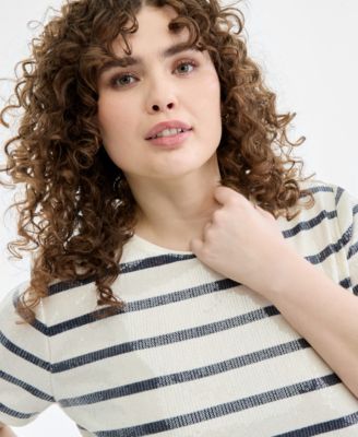 Plus Size Crewneck Printed Base Stripe Sequin T-Shirt, Macy's Exclusive
