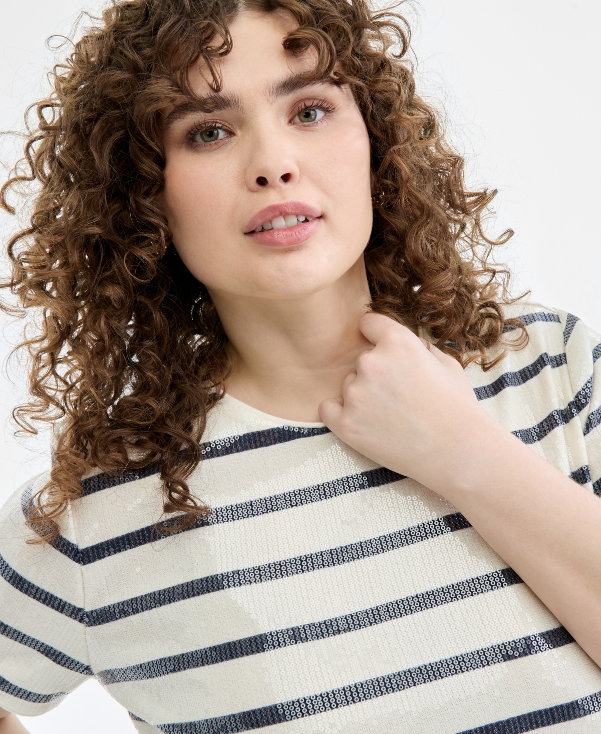 On 34th Plus Crewneck Printed Base Stripe Sequin T-Shirt, Macy's Exclusive