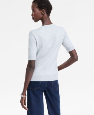 Women's Short-Sleeve Embellished-Neck Sweater, Macy's Exclusive