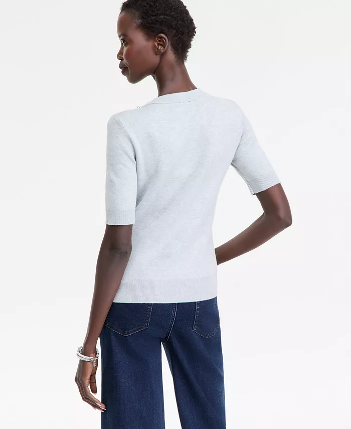 Women's Short-Sleeve Embellished-Neck Sweater - thumbnail 3