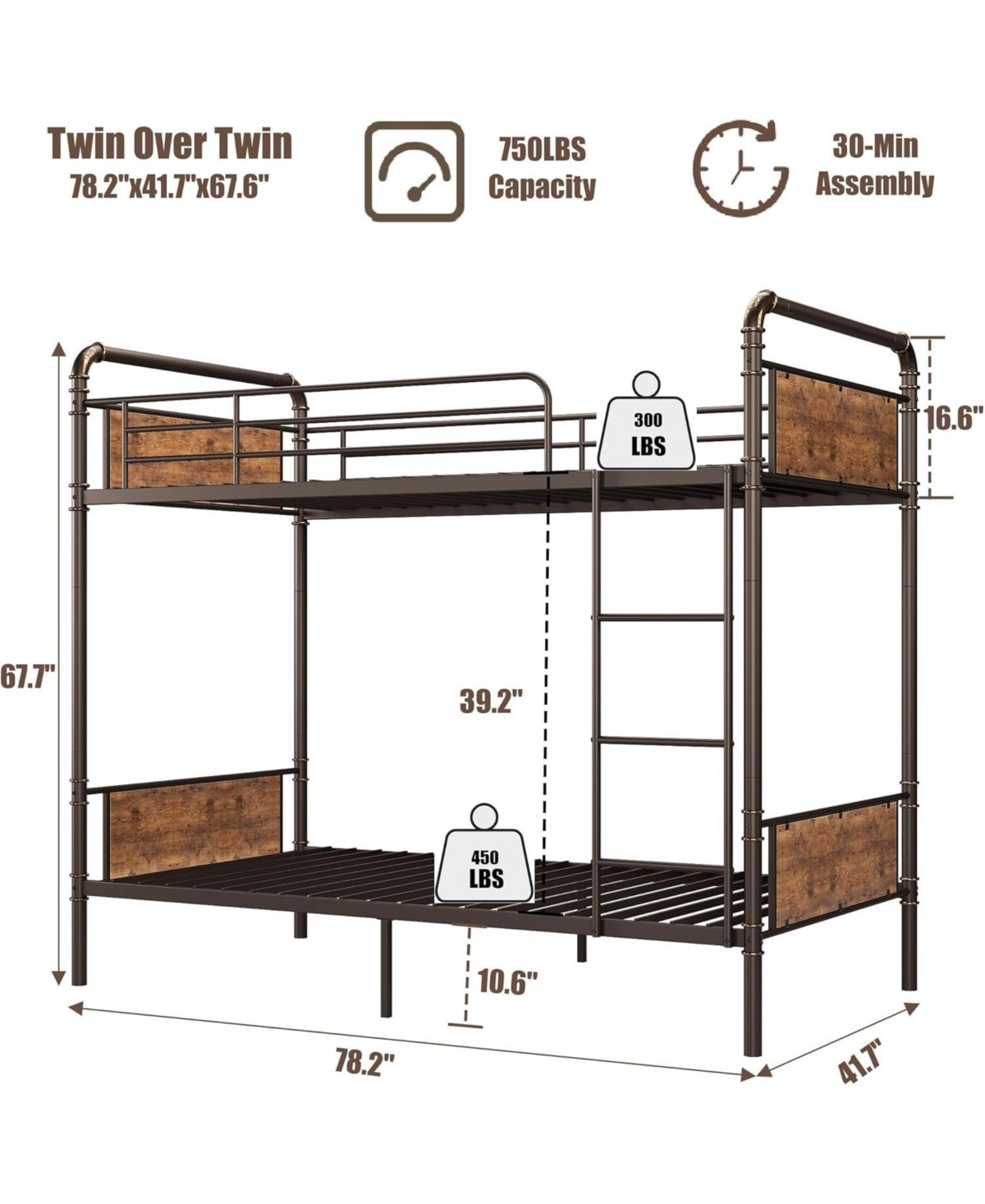 gaomon Metal Bunk Bed Twin Over Twin, Twin Bunk Beds, Heavy Duty Twin Size Metal Bunk Bed with High Guardrail & Ladders, Convertible Bunk Beds for Kid