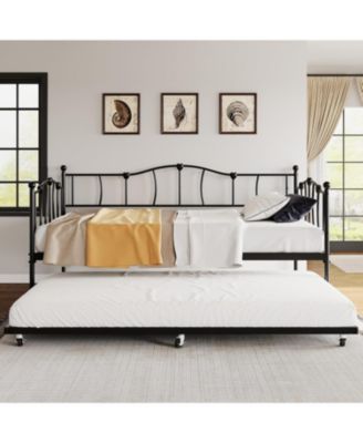 Metal Daybed with Trundle Bed, Twin Size Day Bed with Premium Metal Frame and Steel Slat Support, Daybed and Roll Out Trundle,Black