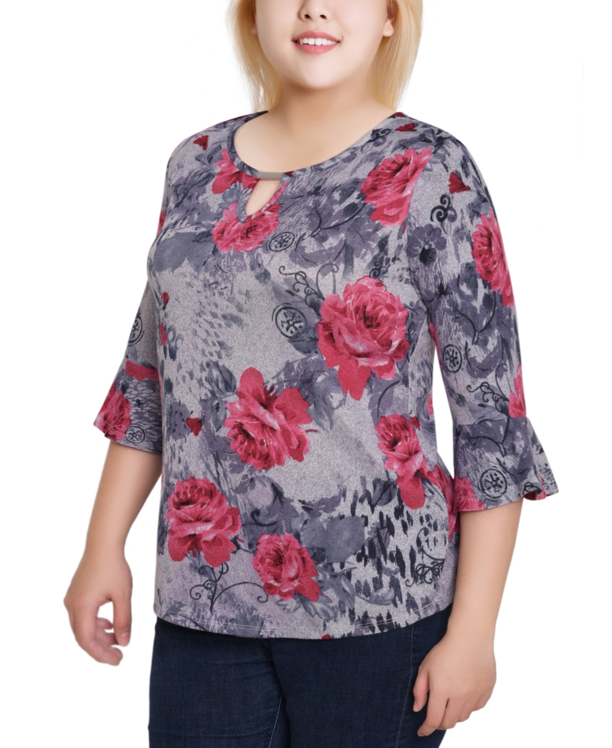 Ny Collection Plus Size 3/4 Bell Sleeve Top In Multi