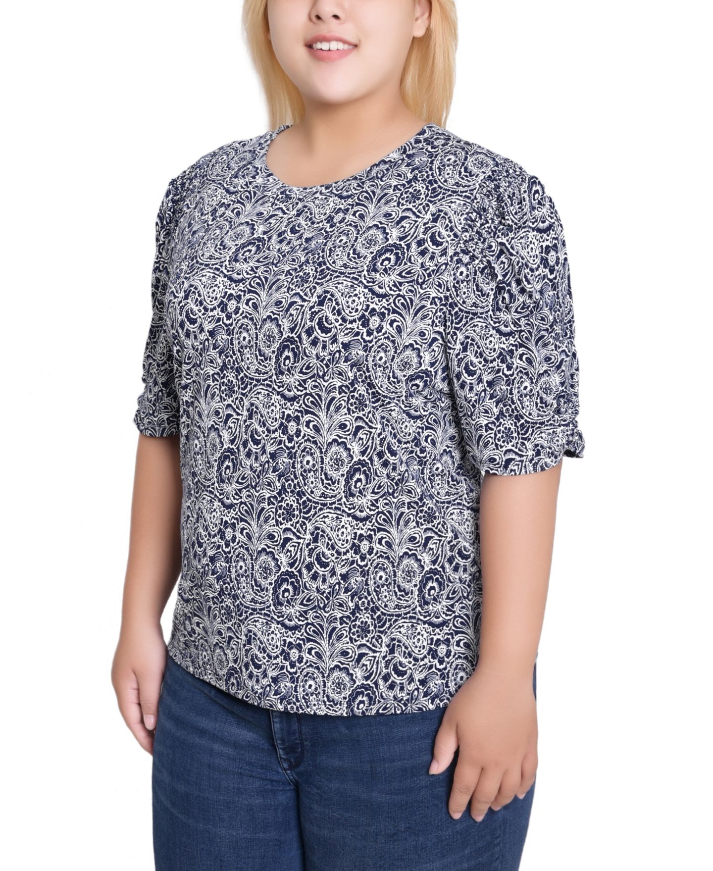 Женский топ NY Collection Plus Size Short Sleeve Crew Neck, цвет: Тёмно-синий — фото 2