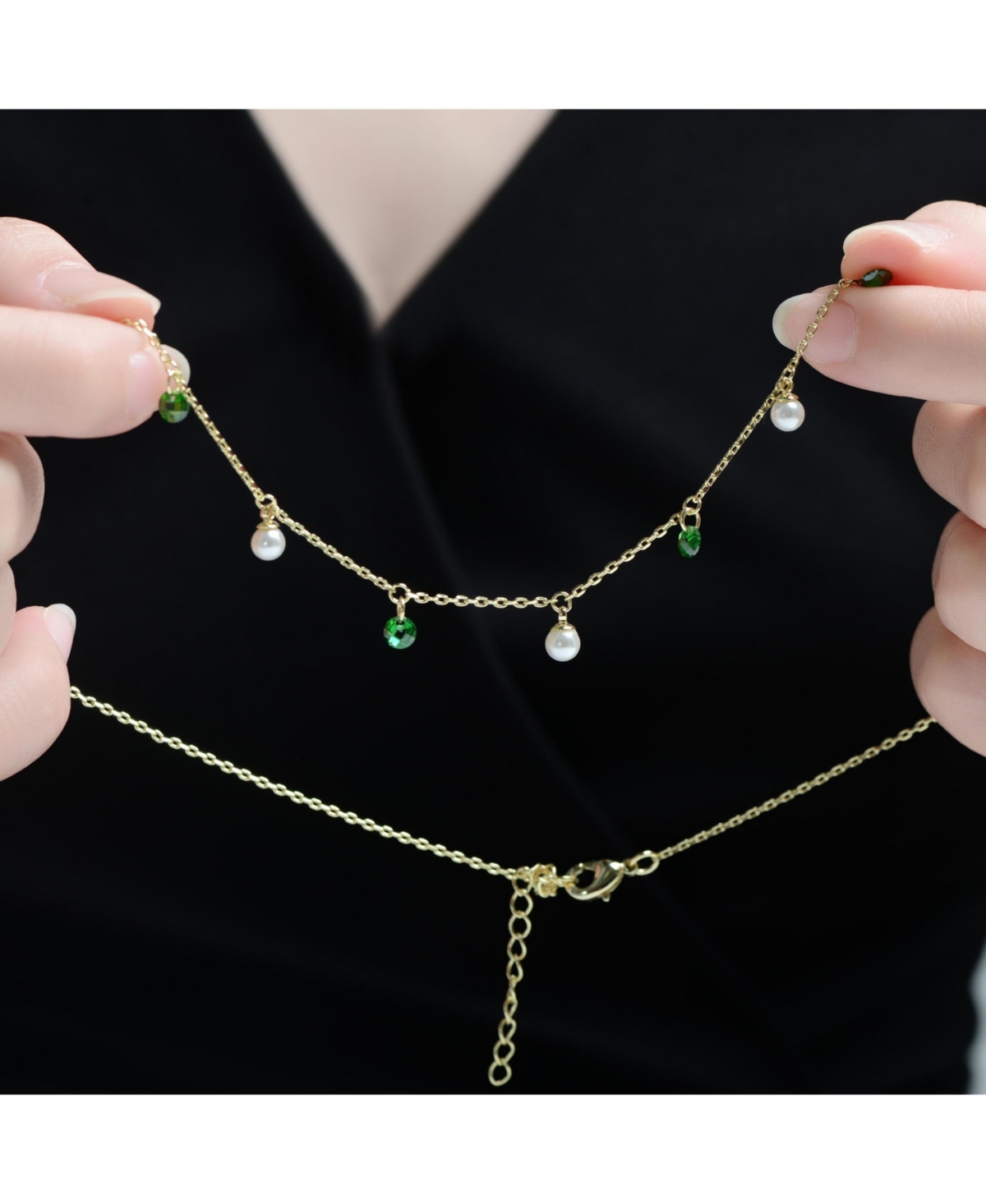 Rachel Glauber 14K Gold Plated with Mother of Pearl and Green Cubic Zirconia Station Necklace