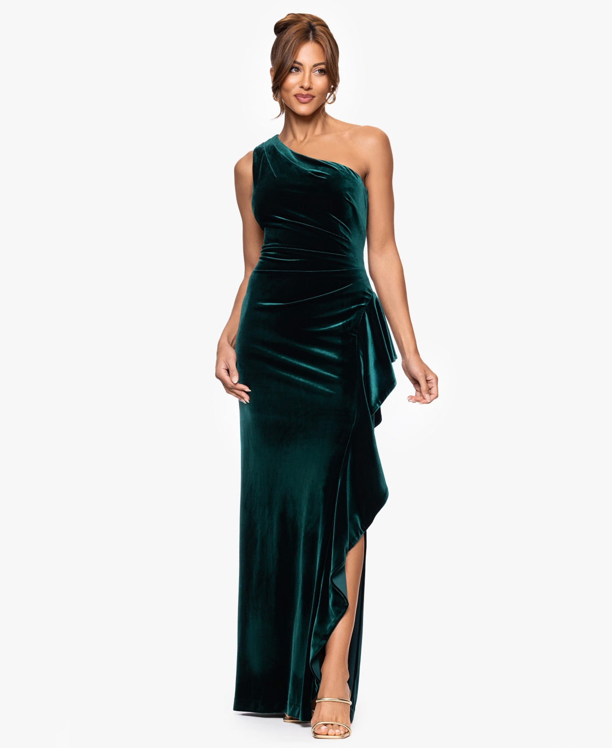 Xscape Women's One Shoulder Long Ruffle Dress In Green