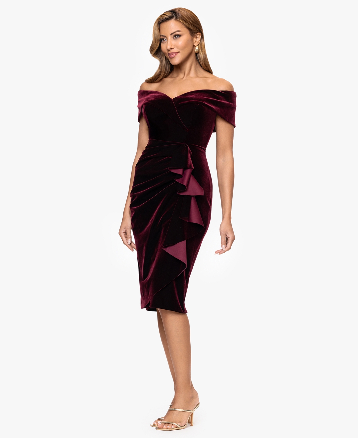 Xscape Women's Off Shoulder Neck Dress In Burgundy