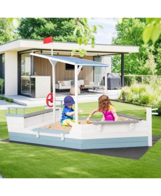 Fir Wood Sandbox with Sloping Canopy Liner Multiple Seats Large Storage Space