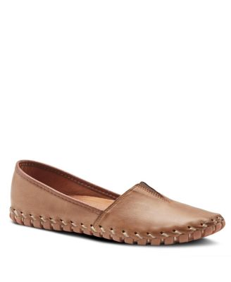 Kathaleta Leather Slip-On Comfort Flats with V-Elastic Notch, Arch Support & Removable Insole