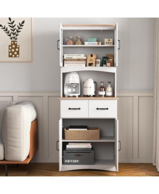 Wooden Kitchen Pantry Cabinet with Glass Doors and Storage Drawer