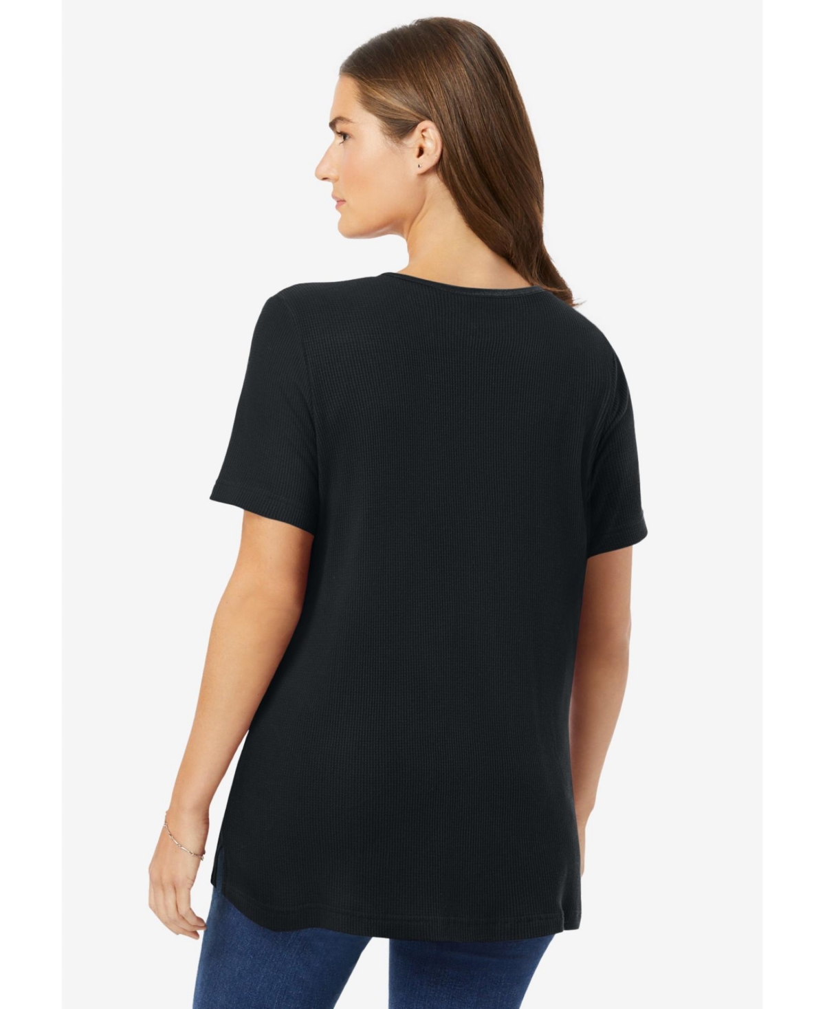 Woman Within Women's Waffle Thermal Satin Trim Tee