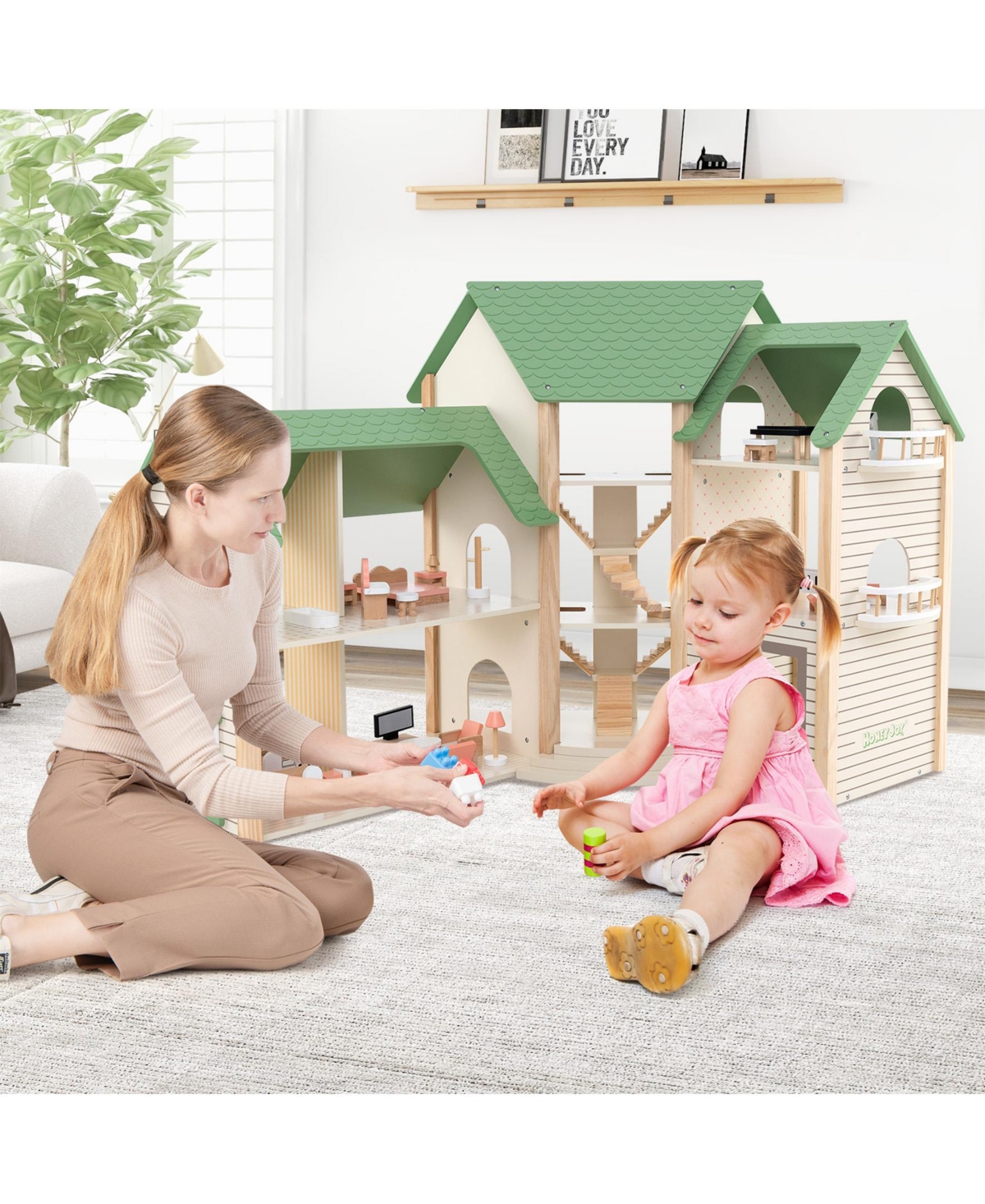 Wooden Corner Dollhouse Playset with 6 Rooms and 36 Pieces for Kids 3+ Years Old