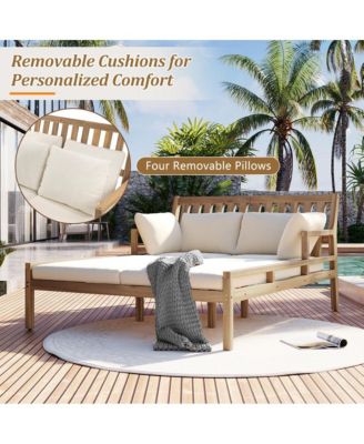 Teak Daybed Chaise Lounges 4 Pillows & Curved Armrests