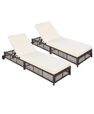 - Set of 2 Adjustable Rattan Pool Lounge Chairs with Wheels - Brown