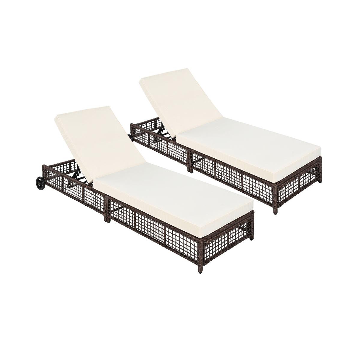 Chic Crate - Set of 2 Adjustable Rattan Pool Lounge Chairs with Wheels Waterproof Outdoor Patio Furniture for Backyard & Garden (Grey+Beige)