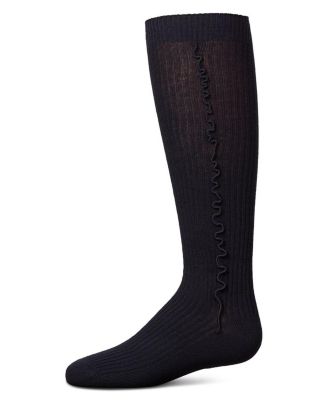 Little Girls Ribbed Cotton-Rich Knee Sock with Wavy Line Ruffle