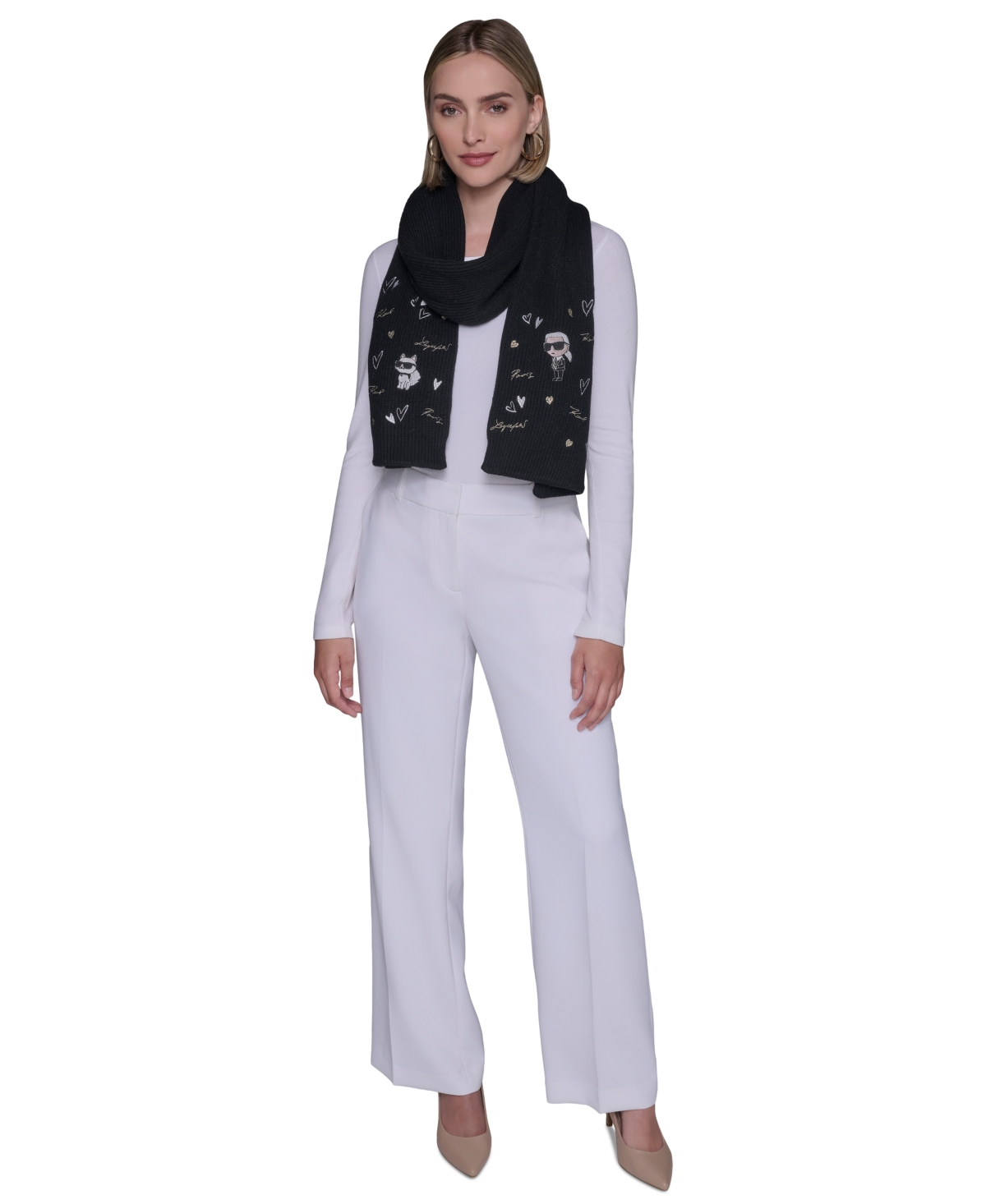 Karl Lagerfeld Women's Embroidered Karl Hearts Scarf In Black
