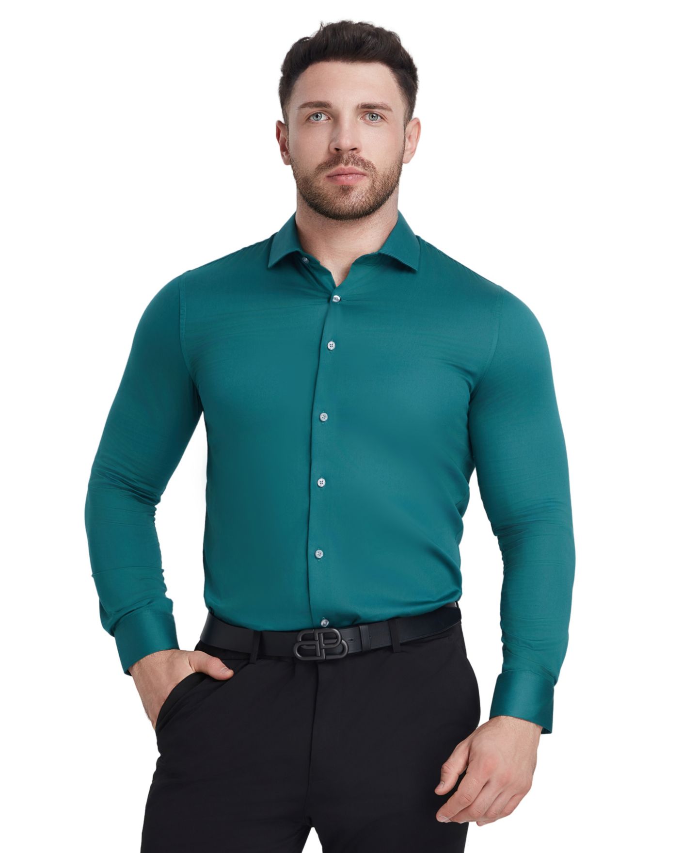 Мужская рубашка Perry Ellis Portfolio Solid Sateen Slim Fit Dress Shirt, цвет: Изумрудный — фото 4