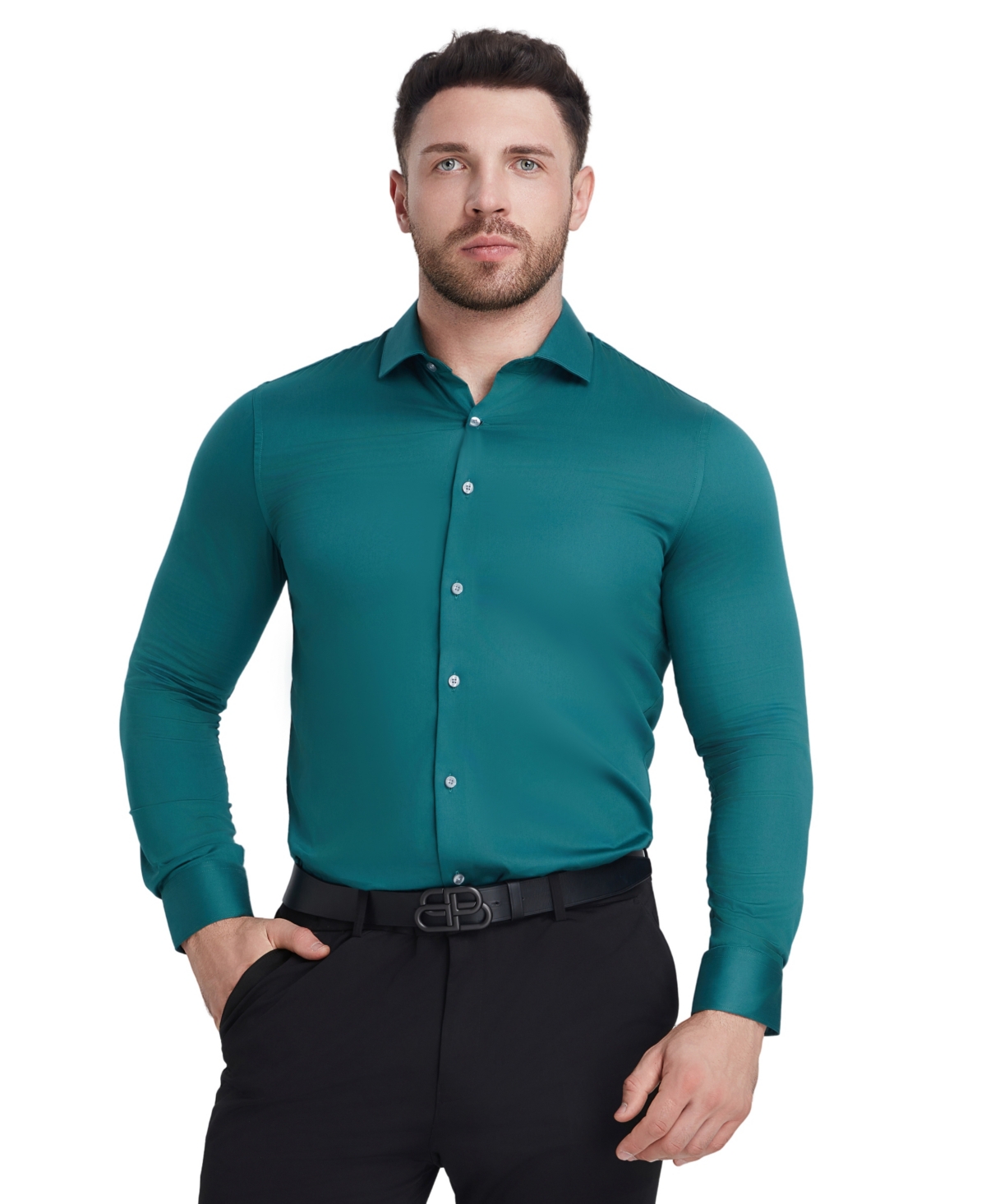 Perry Ellis Solid Sateen Slim Fit Dress Shirt In Green