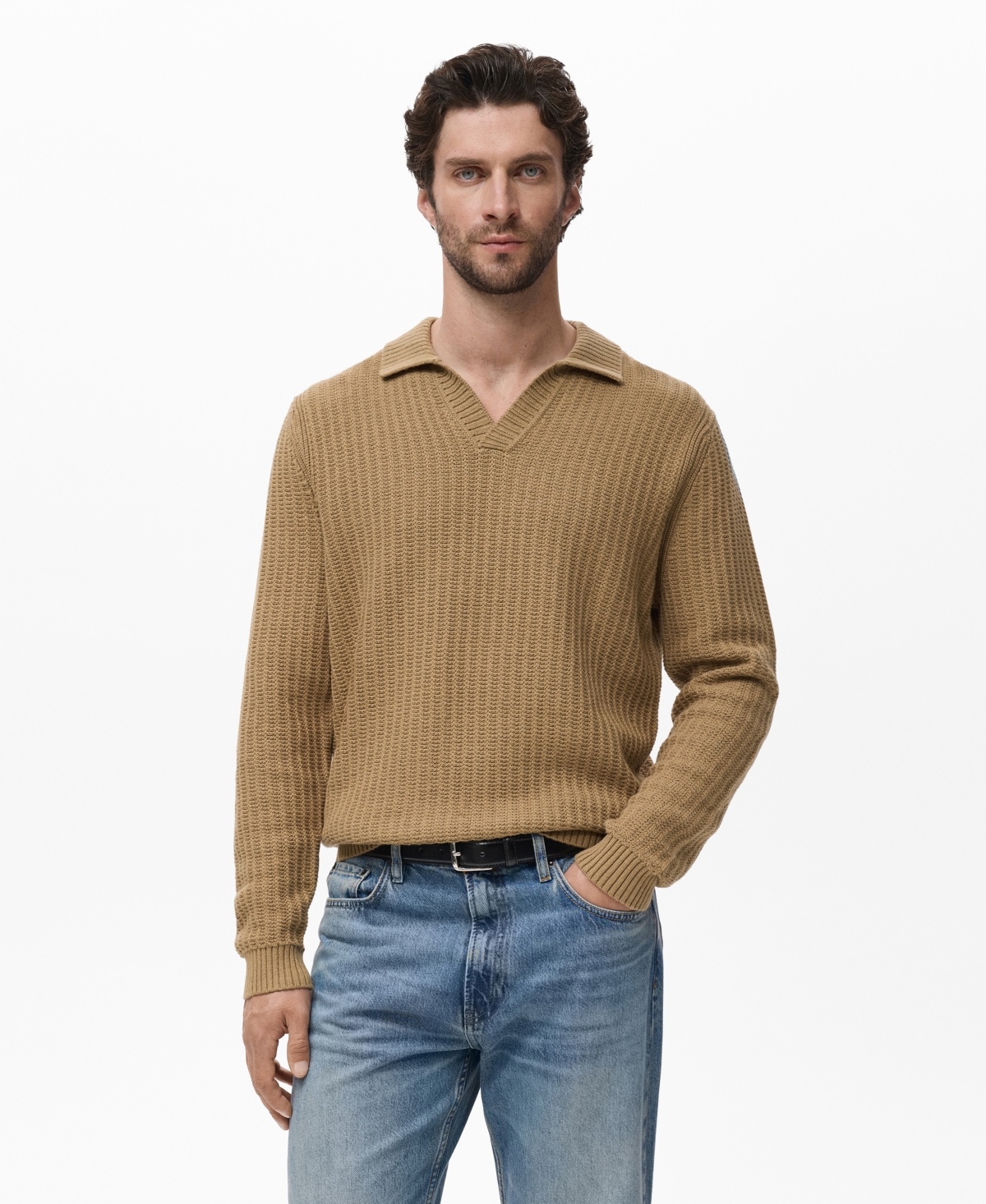 Mango Structured Cotton Polo Sweater In Nude