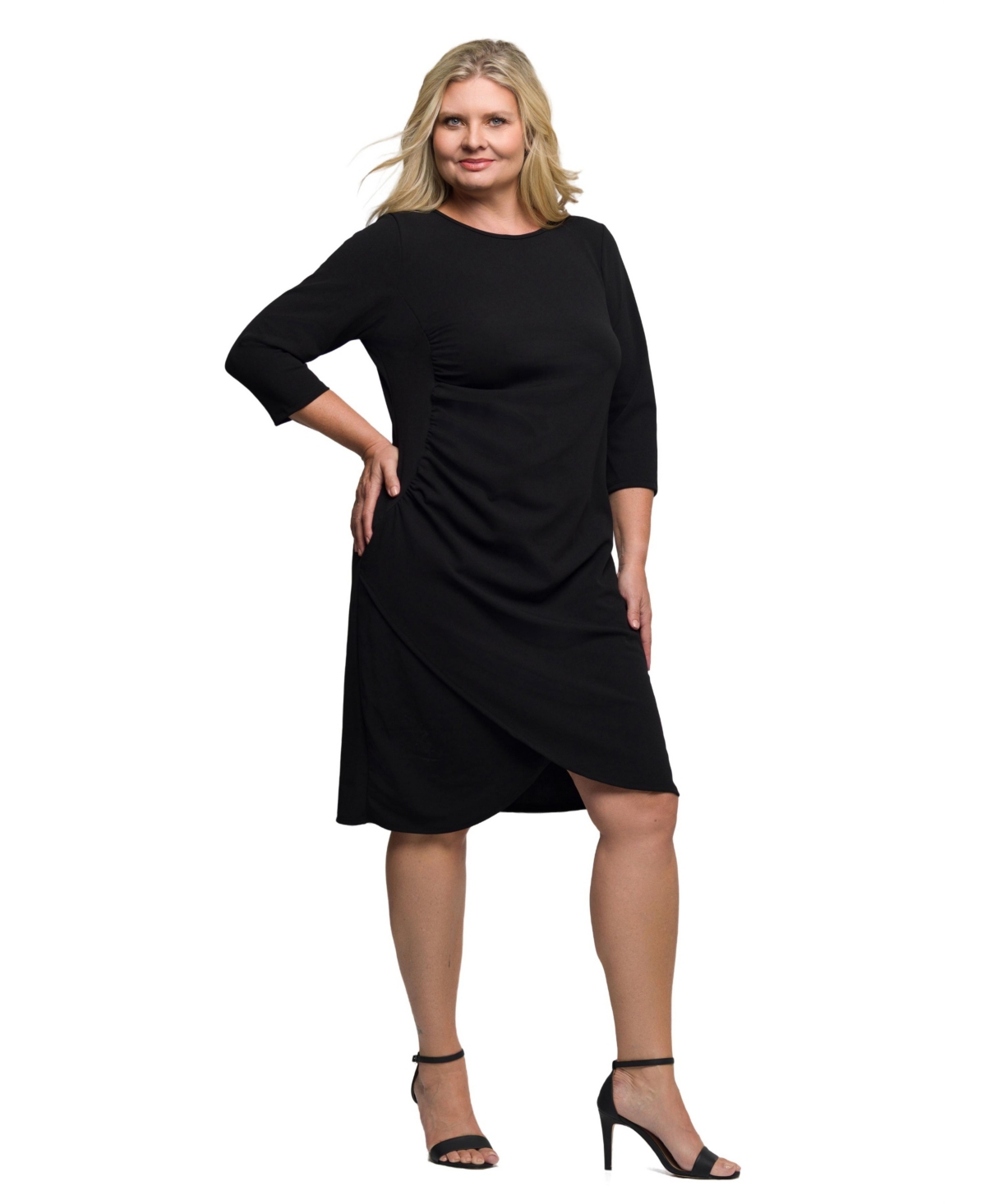 24seven Comfort Apparel Plus Size Three Quarter Sleeve Ruched Tulip Hem Mini Dress In Black