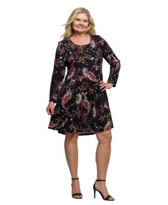 Plus Size Black Paisley Print Long Sleeve Fit and Flare Dress
