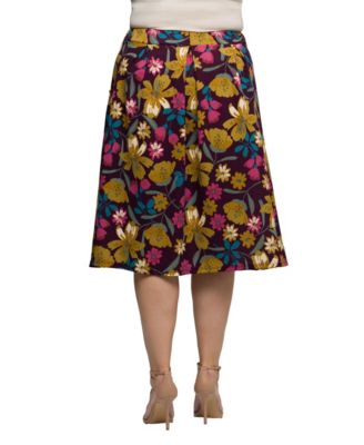 Plus Size Purple Floral Elastic Waist Pocket Midi Skirt