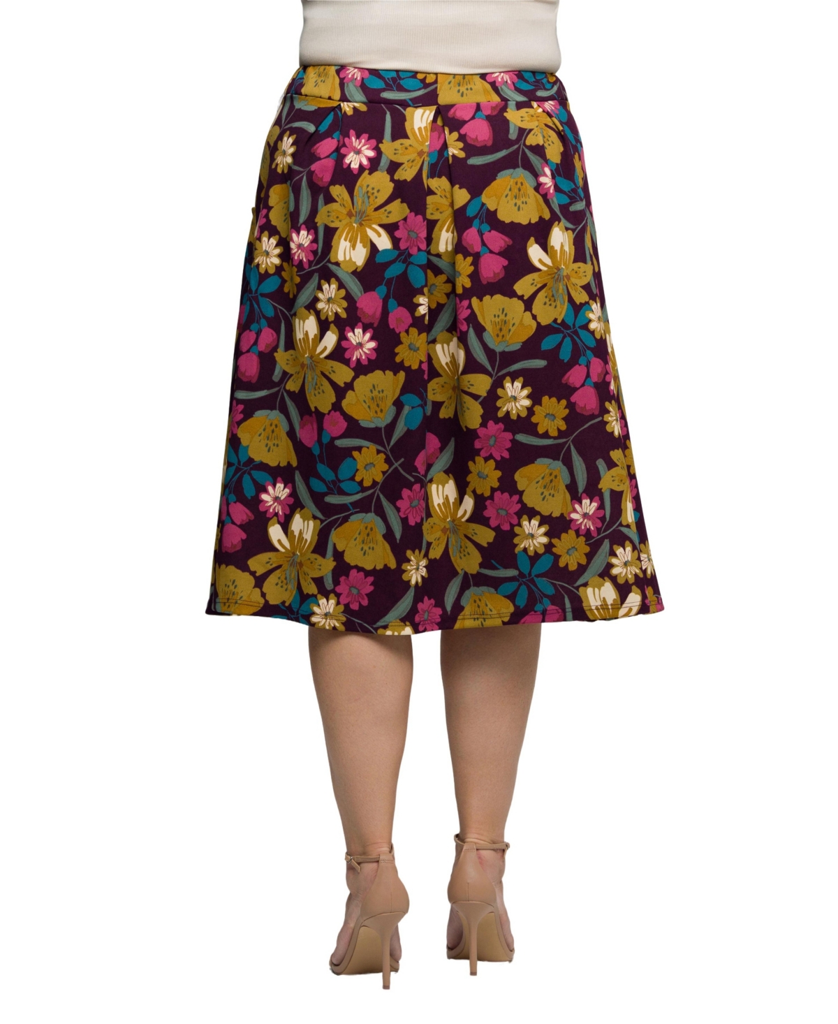 24seven Comfort Apparel Plus Size Purple Floral Elastic Waist Pocket Midi Skirt In Multi