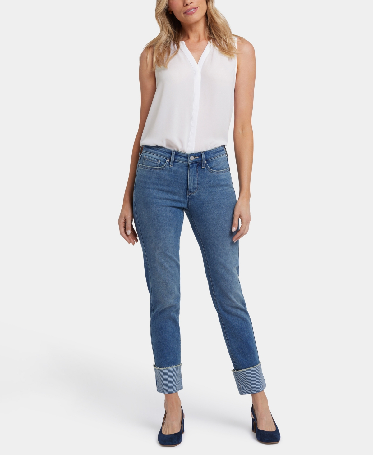 Nydj Sheri High Waist Stripe Cuff Slim Ankle Jeans In Blue