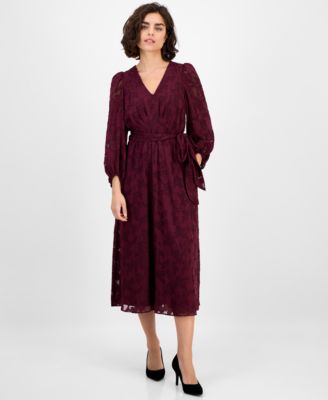 Women's Jacquard V-Neck 3/4-Sleeve Midi Dress