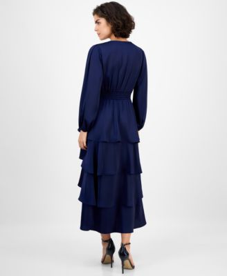 Women's Satin Surplice-Neck Tiered Midi Dress