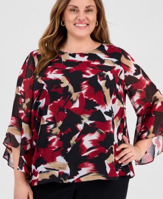 Plus Size Printed Chiffon Ruffled-Sleeve Top