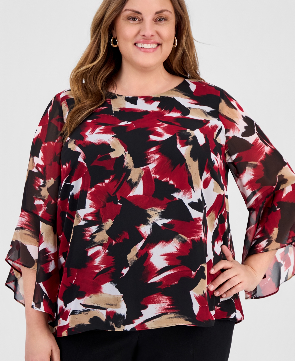 Kasper Plus Size Printed Chiffon Ruffled-Sleeve Top
