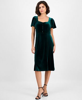 macys green velvet dress ROW A Women's Long Sleeve V-Neck Shoulder pads Women's Green Maxi Velvet Dresses