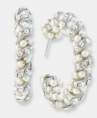 Charter Club - Medium Crystal & Imitation Pearl C-Hoop Earrings, 1.13"